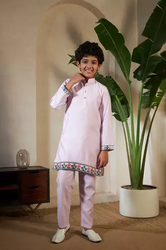 Lavender viscose silk thead with sequins embroidered work wedding function festival party boys straight kurta pant koti
