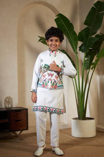 White viscose silk thead with sequins embroidered work wedding function festival party boys straight kurta pant koti