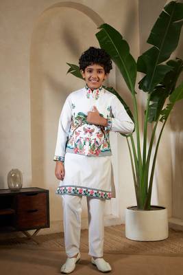 White viscose silk thead with sequins embroidered work wedding function festival party boys straight kurta pant koti 1