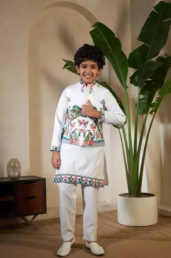 White viscose silk thead with sequins embroidered work wedding function festival party boys straight kurta pant koti