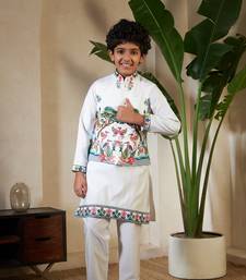 White viscose silk thead with sequins embroidered work wedding function festival party boys straight kurta pant koti
