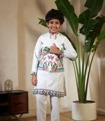 White viscose silk thead with sequins embroidered work wedding function festival party boys straight kurta pant koti