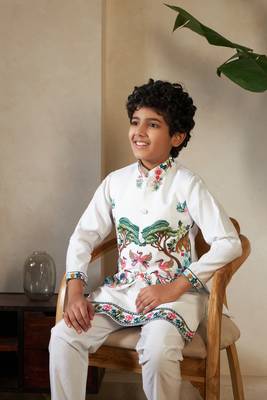 White viscose silk thead with sequins embroidered work wedding function festival party boys straight kurta pant koti 2