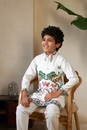 White viscose silk thead with sequins embroidered work wedding function festival party boys straight kurta pant koti