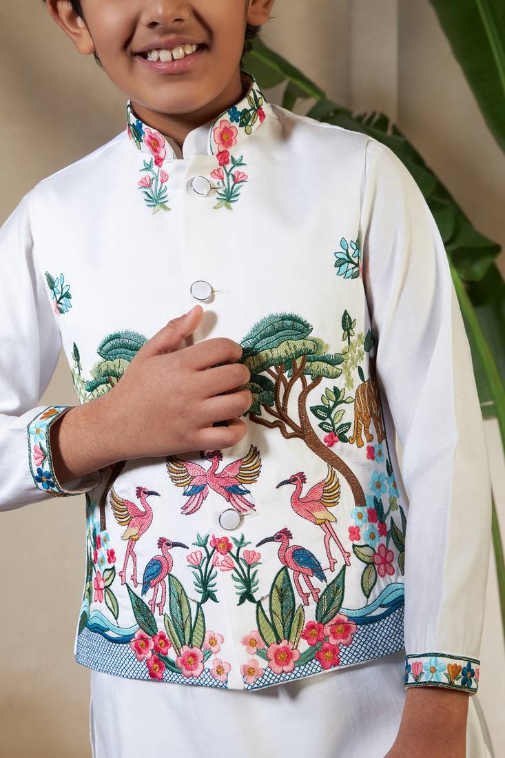 White viscose silk thead with sequins embroidered work wedding function festival party boys straight kurta pant koti