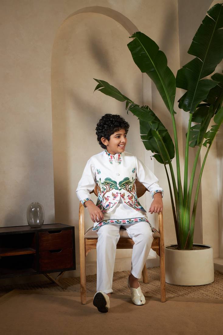 White viscose silk thead with sequins embroidered work wedding function festival party boys straight kurta pant koti