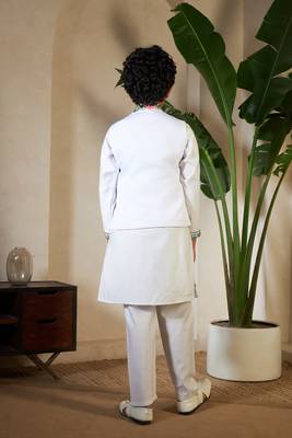 White viscose silk thead with sequins embroidered work wedding function festival party boys straight kurta pant koti 5