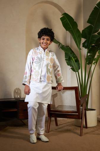 White satin thead with sequins embroidered work wedding function festival party boys straight kurta pant koti