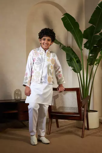 White satin thead with sequins embroidered work wedding function festival party boys straight kurta pant koti