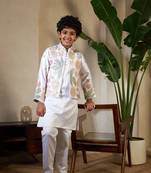 White satin thead with sequins embroidered work wedding function festival party boys straight kurta pant koti