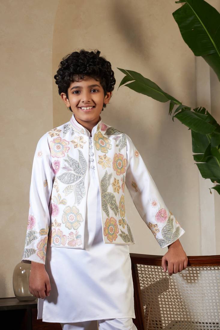 White satin thead with sequins embroidered work wedding function festival party boys straight kurta pant koti