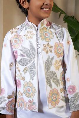 White satin thead with sequins embroidered work wedding function festival party boys straight kurta pant koti 3