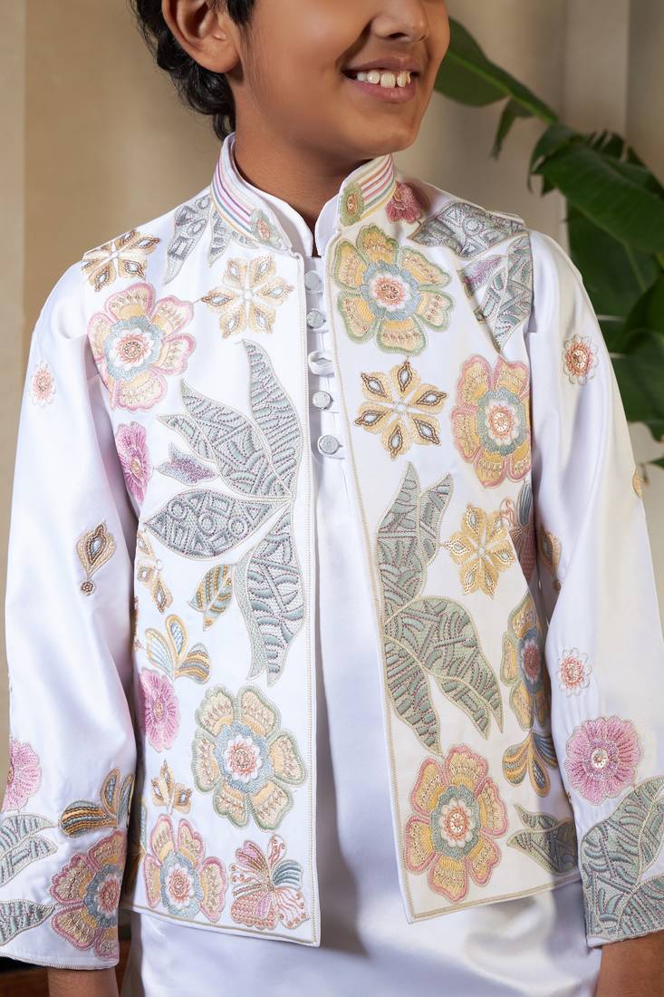 White satin thead with sequins embroidered work wedding function festival party boys straight kurta pant koti