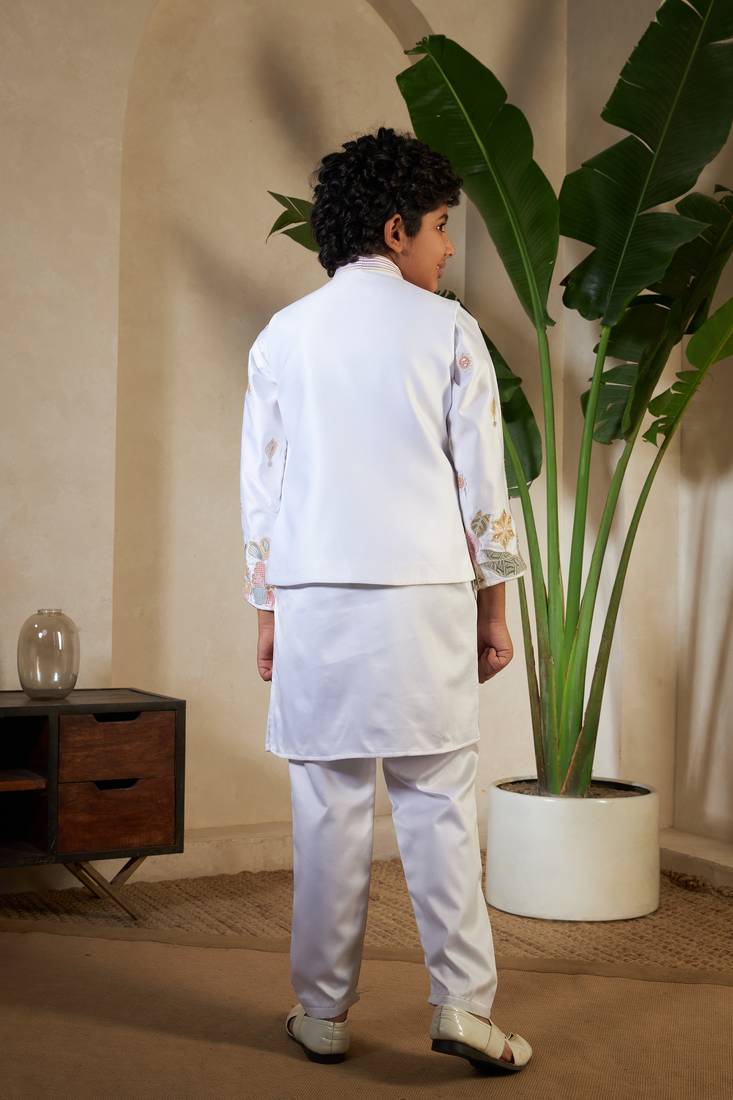 White satin thead with sequins embroidered work wedding function festival party boys straight kurta pant koti
