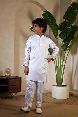 White satin thead with sequins embroidered work wedding function festival party boys straight kurta pant koti 5