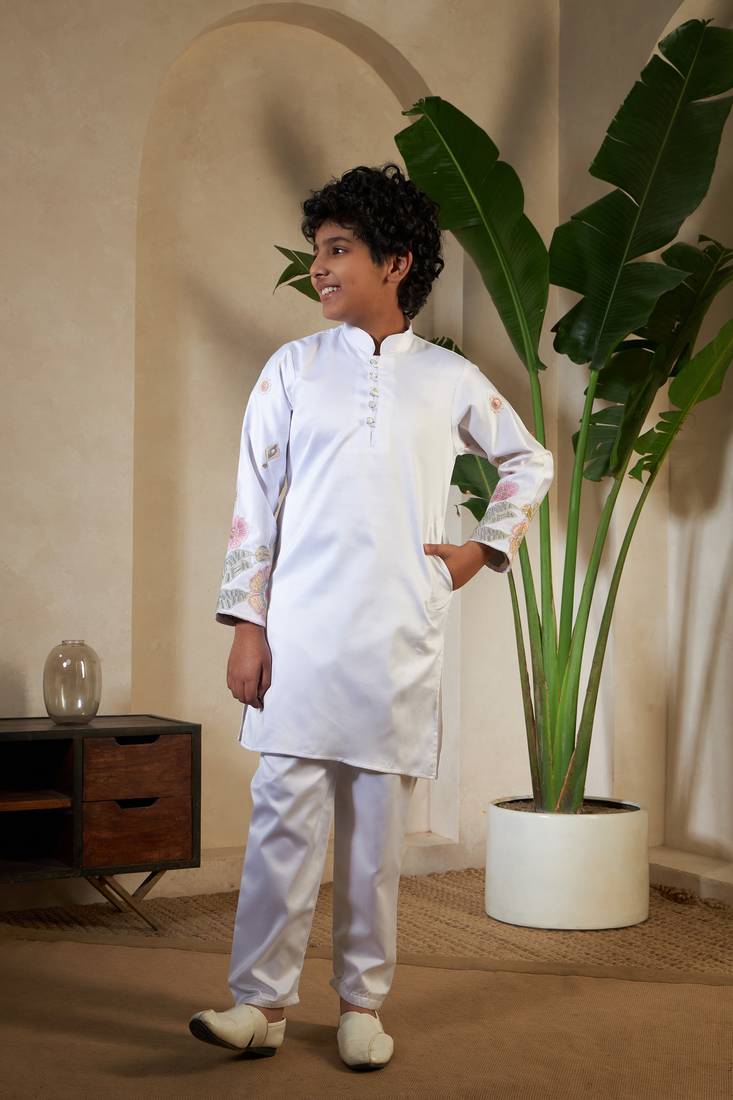 White satin thead with sequins embroidered work wedding function festival party boys straight kurta pant koti