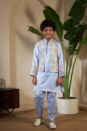 Sky blue satin thead with sequins embroidered work wedding function festival party boys straight kurta pant koti