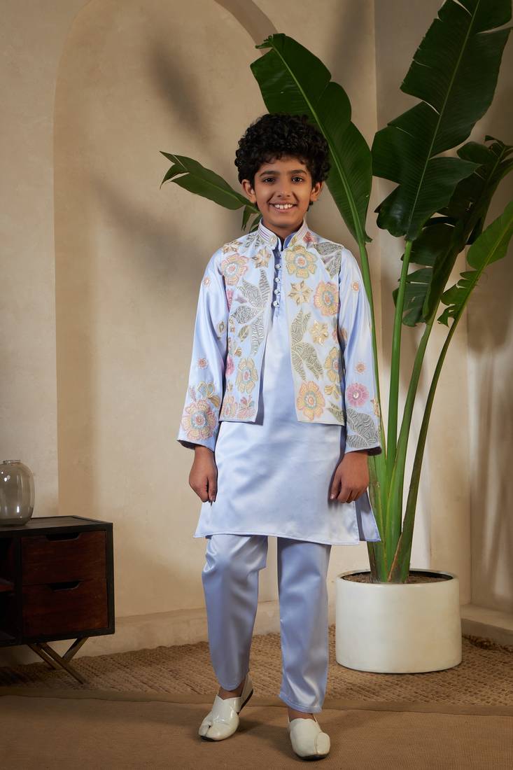 Sky blue satin thead with sequins embroidered work wedding function festival party boys straight kurta pant koti