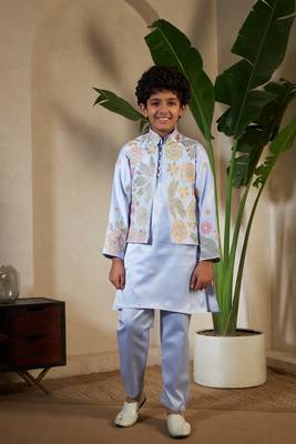 Sky blue satin thead with sequins embroidered work wedding function festival party boys straight kurta pant koti 1