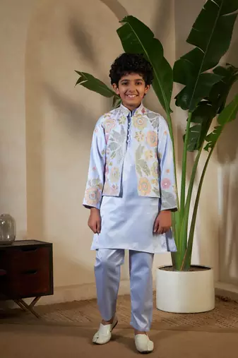 Sky blue satin thead with sequins embroidered work wedding function festival party boys straight kurta pant koti