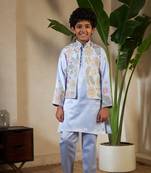 Sky blue satin thead with sequins embroidered work wedding function festival party boys straight kurta pant koti