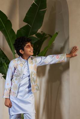 Sky blue satin thead with sequins embroidered work wedding function festival party boys straight kurta pant koti 2
