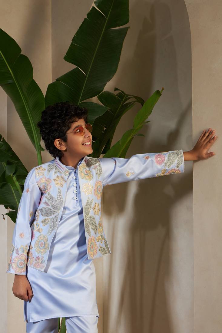 Sky blue satin thead with sequins embroidered work wedding function festival party boys straight kurta pant koti