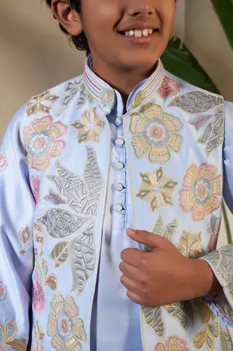 Sky blue satin thead with sequins embroidered work wedding function festival party boys straight kurta pant koti
