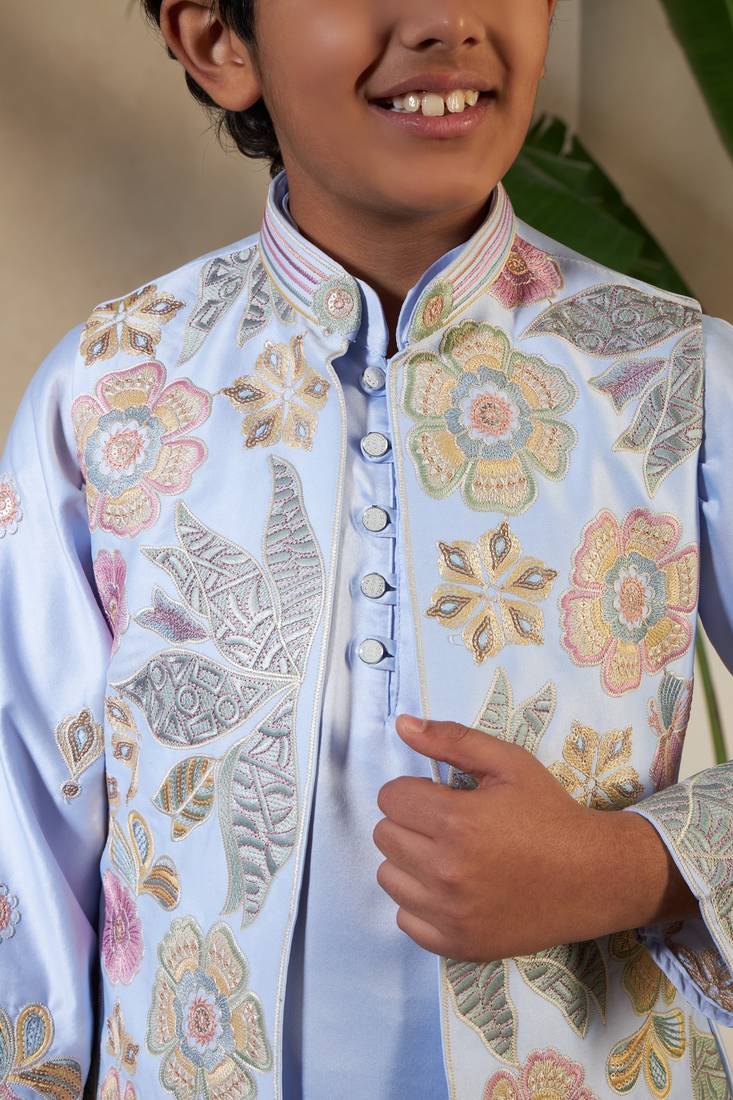 Sky blue satin thead with sequins embroidered work wedding function festival party boys straight kurta pant koti