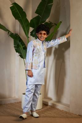 Sky blue satin thead with sequins embroidered work wedding function festival party boys straight kurta pant koti 4