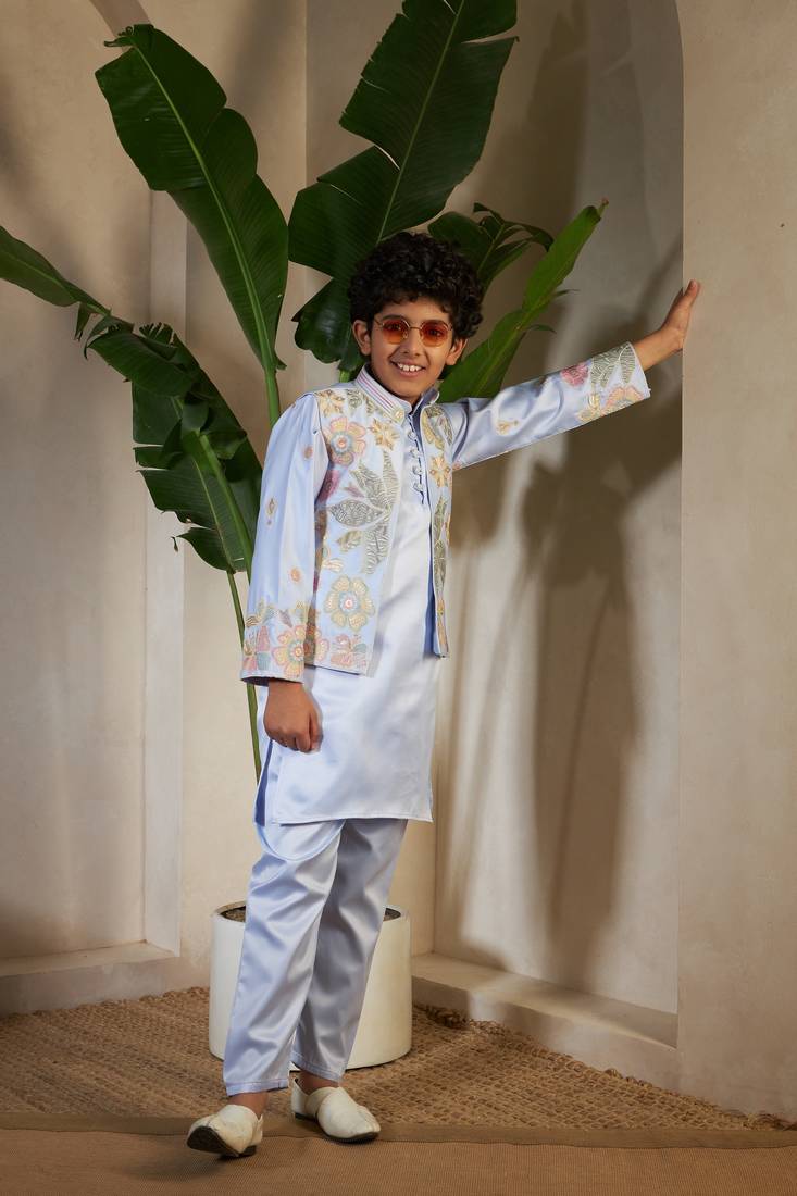 Sky blue satin thead with sequins embroidered work wedding function festival party boys straight kurta pant koti