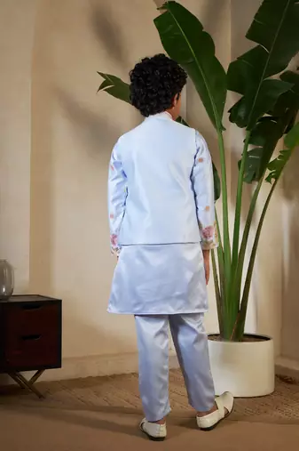 Sky blue satin thead with sequins embroidered work wedding function festival party boys straight kurta pant koti