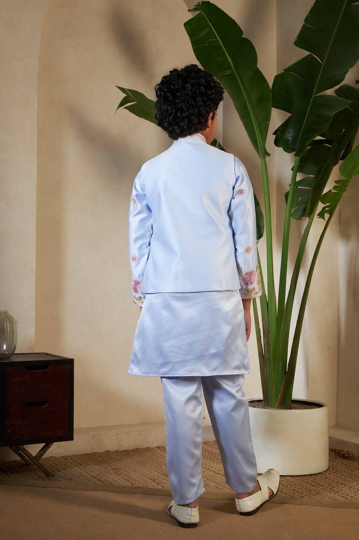 Sky blue satin thead with sequins embroidered work wedding function festival party boys straight kurta pant koti