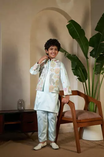 Pista green satin thead with sequins embroidered work wedding function festival party boys straight kurta pant koti