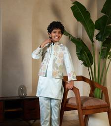 Pista green satin thead with sequins embroidered work wedding function festival party boys straight kurta pant koti