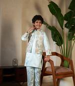 Pista green satin thead with sequins embroidered work wedding function festival party boys straight kurta pant koti