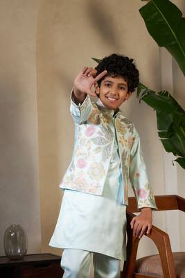 Pista green satin thead with sequins embroidered work wedding function festival party boys straight kurta pant koti 2