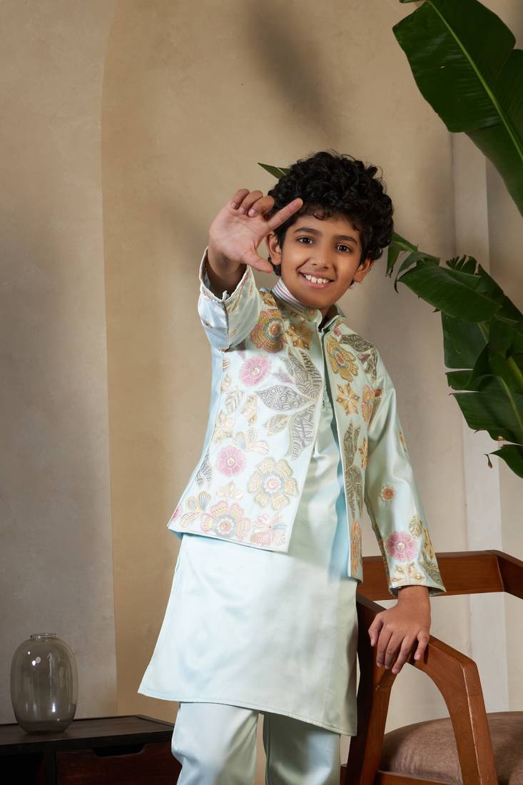Pista green satin thead with sequins embroidered work wedding function festival party boys straight kurta pant koti