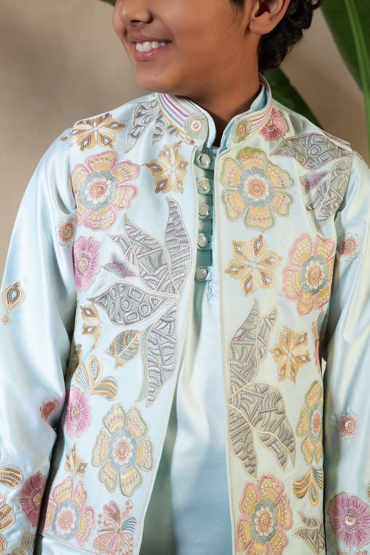 Pista green satin thead with sequins embroidered work wedding function festival party boys straight kurta pant koti