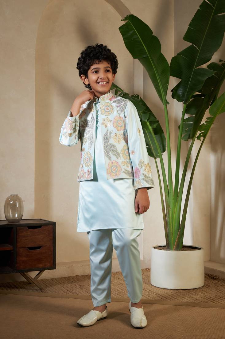 Pista green satin thead with sequins embroidered work wedding function festival party boys straight kurta pant koti