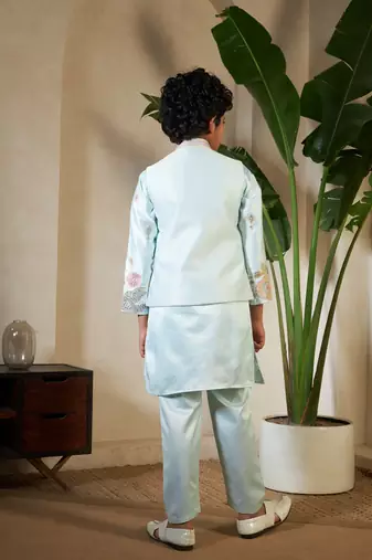 Pista green satin thead with sequins embroidered work wedding function festival party boys straight kurta pant koti