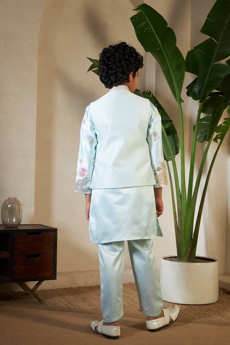 Pista green satin thead with sequins embroidered work wedding function festival party boys straight kurta pant koti