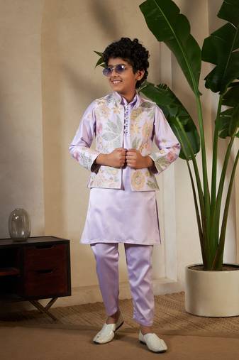 Lavender satin thead with sequins embroidered work wedding function festival party boys straight kurta pant koti