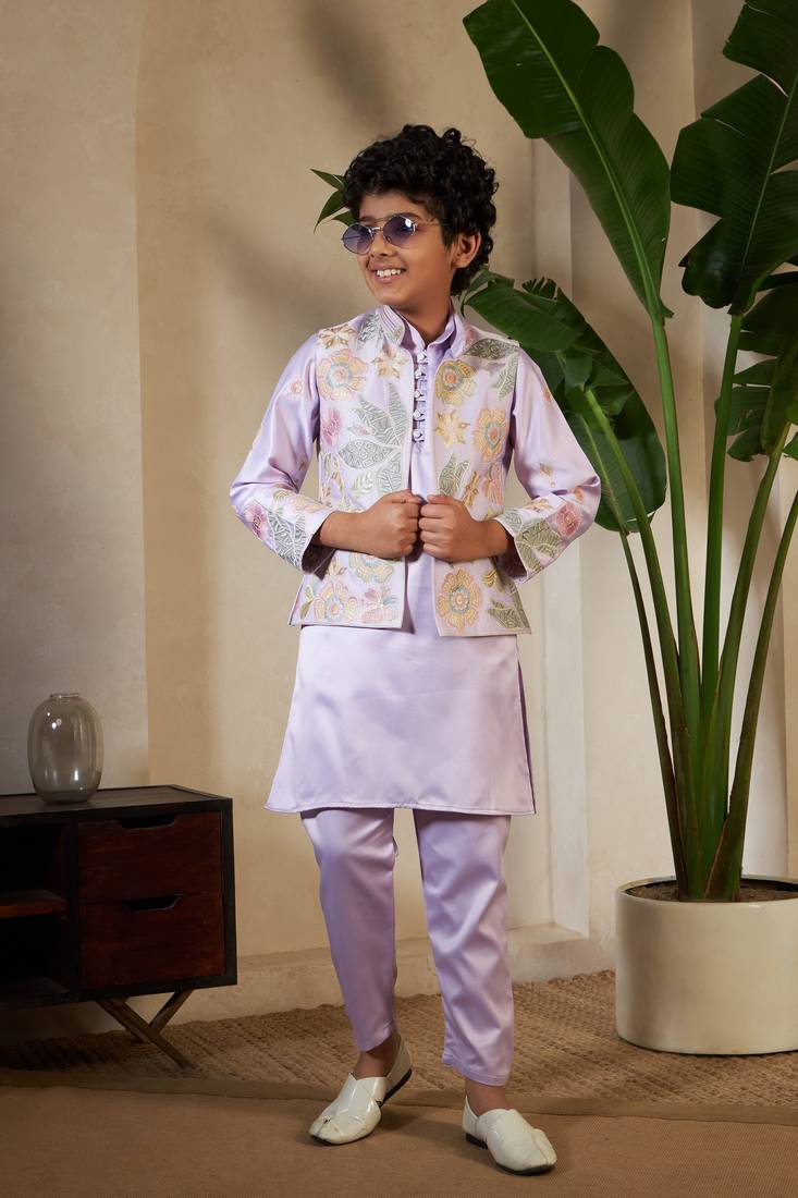 Lavender satin thead with sequins embroidered work wedding function festival party boys straight kurta pant koti