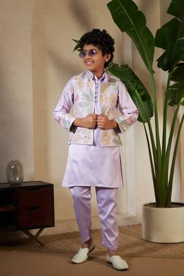 Lavender satin thead with sequins embroidered work wedding function festival party boys straight kurta pant koti 1