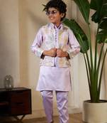 Lavender satin thead with sequins embroidered work wedding function festival party boys straight kurta pant koti