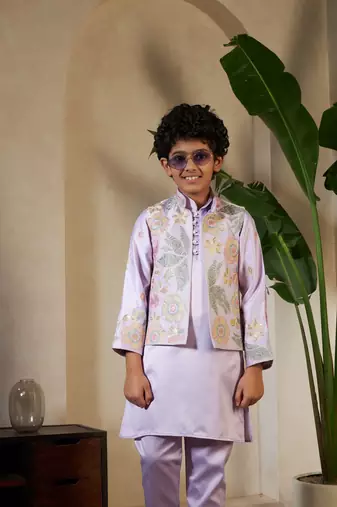 Lavender satin thead with sequins embroidered work wedding function festival party boys straight kurta pant koti