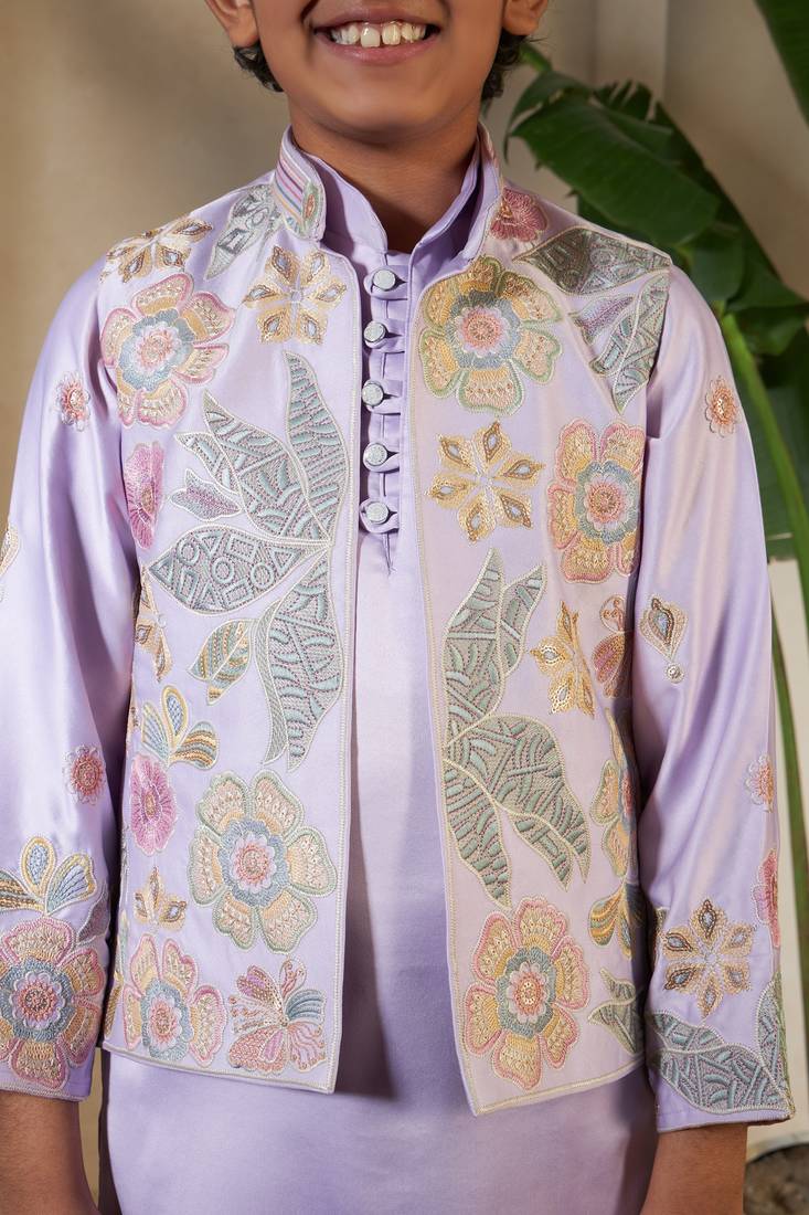 Lavender satin thead with sequins embroidered work wedding function festival party boys straight kurta pant koti