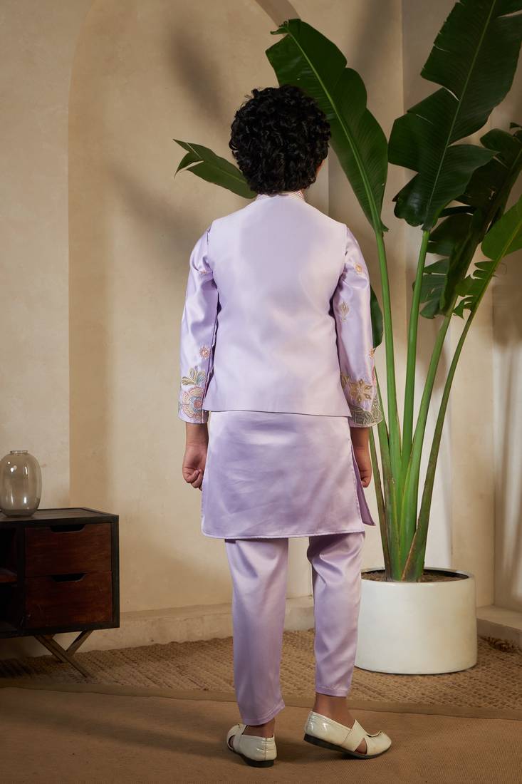 Lavender satin thead with sequins embroidered work wedding function festival party boys straight kurta pant koti