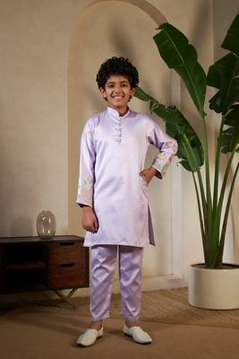 Lavender satin thead with sequins embroidered work wedding function festival party boys straight kurta pant koti 5